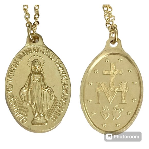 Immaculate Conception VirginMary Miraculous Medal Necklace GoldTone Sacred Heart - Picture 1 of 10